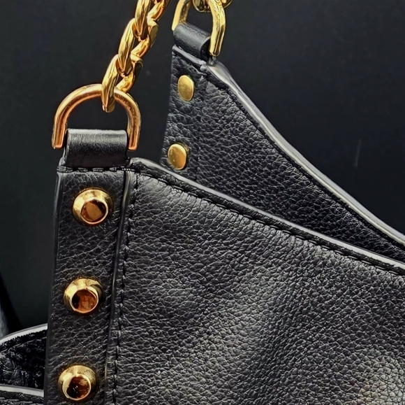 Michael Kors Black Pebbled Leather Goldtone Chain Handles Studded Satchel - Picture 7 of 12